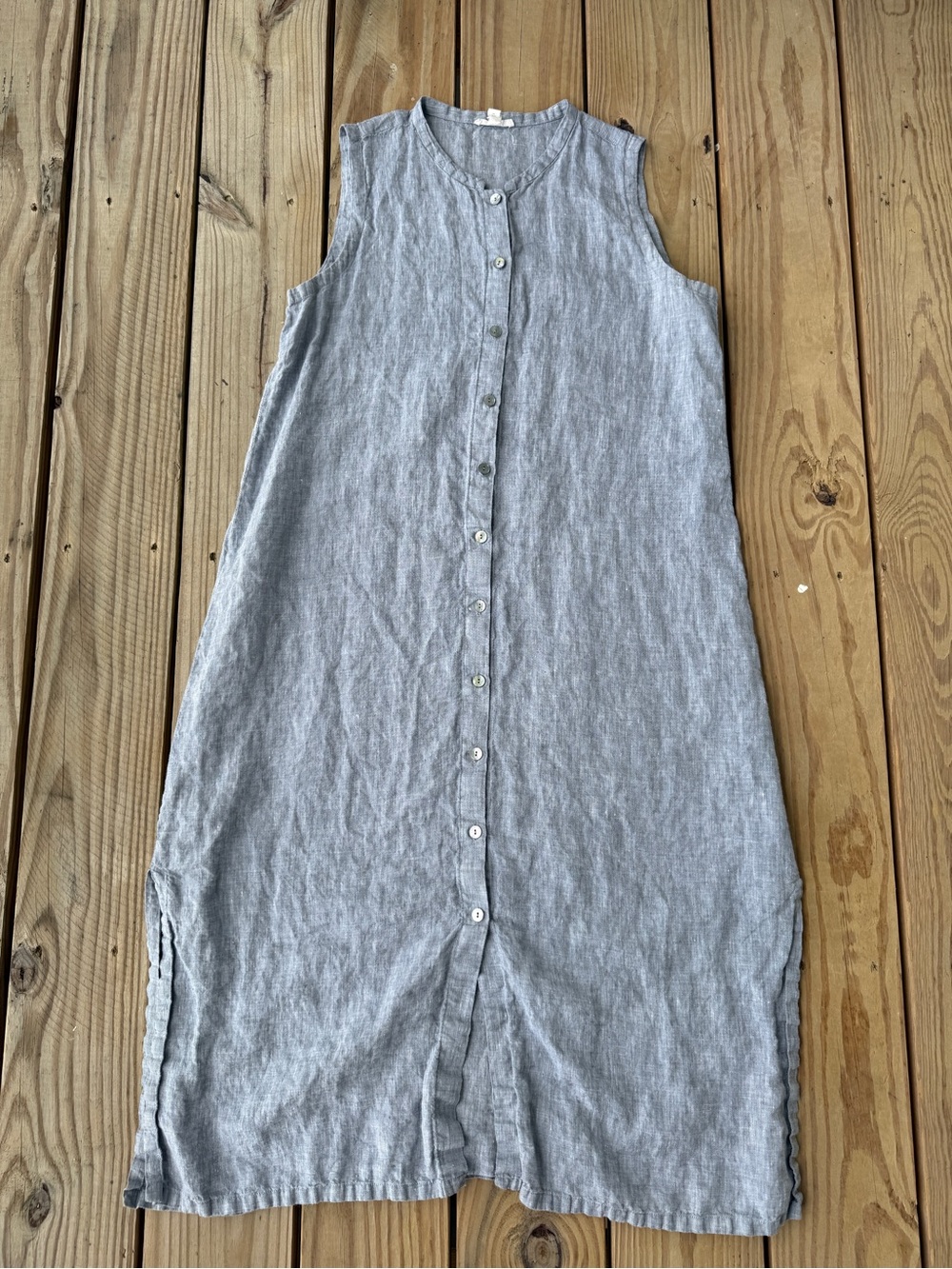 Eileen Fisher Womens Medium Linen Sleeveless Button Front Midi Dress Gray